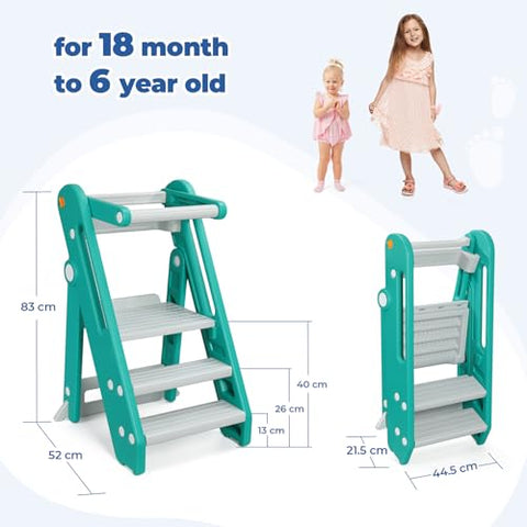 Onasti Toddler Learning Tower, Folding toddler kitchen step stool, standing tower for kitchen counter bathroom, Adjustable Height, Safety bar (Creamy-white)