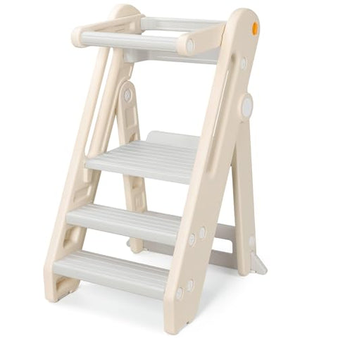 Onasti Toddler Learning Tower, Folding toddler kitchen step stool, standing tower for kitchen counter bathroom, Adjustable Height, Safety bar (Creamy-white)