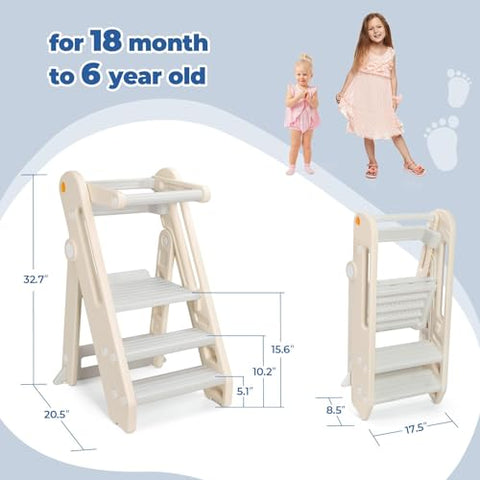 Onasti Toddler Learning Tower, Folding toddler kitchen step stool, standing tower for kitchen counter bathroom, Adjustable Height, Safety bar (Creamy-white)