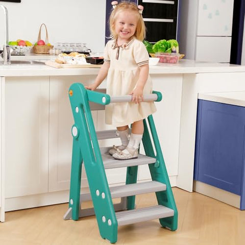 Onasti Toddler Learning Tower, Folding toddler kitchen step stool, standing tower for kitchen counter bathroom, Adjustable Height, Safety bar (Creamy-white)