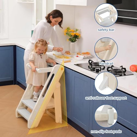 Onasti Toddler Learning Tower, Folding toddler kitchen step stool, standing tower for kitchen counter bathroom, Adjustable Height, Safety bar (Creamy-white)