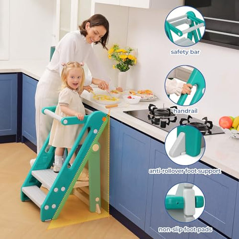 Onasti Toddler Learning Tower, Folding toddler kitchen step stool, standing tower for kitchen counter bathroom, Adjustable Height, Safety bar (Creamy-white)