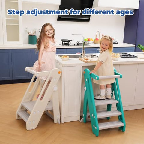 Onasti Toddler Learning Tower, Folding toddler kitchen step stool, standing tower for kitchen counter bathroom, Adjustable Height, Safety bar (Creamy-white)