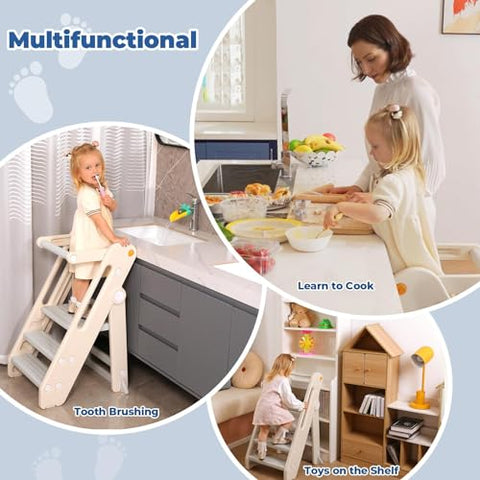 Onasti Toddler Learning Tower, Folding toddler kitchen step stool, standing tower for kitchen counter bathroom, Adjustable Height, Safety bar (Creamy-white)