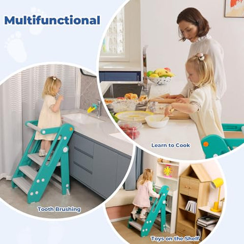 Onasti Toddler Learning Tower, Folding toddler kitchen step stool, standing tower for kitchen counter bathroom, Adjustable Height, Safety bar (Creamy-white)