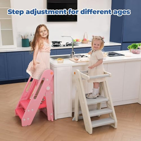 Onasti Toddler Learning Tower, Folding toddler kitchen step stool, standing tower for kitchen counter bathroom, Adjustable Height, Safety bar (Creamy-white)