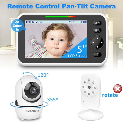 HelloBaby Baby Monitor with Camera and Night Vision, 5''Display with 30-Hour Battery, Pan-Tilt-Zoom Video Baby Monitor No WiFi, 2-Way Talk, Temperature, 8 Lullabies and 1000ft Range