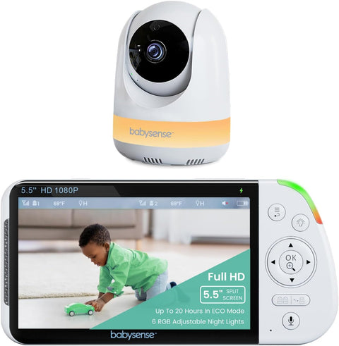 Babysense 5.5” 1080p Full HD Split-Screen Baby Monitor, Video Baby Monitor with Camera and Audio, PTZ Camera, RGB Night Light, 300m Range, Two-Way Audio, 4x Zoom, 5000mAh Battery