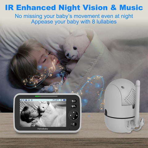 HelloBaby Baby Monitor with Camera and Night Vision, 5''Display with 30-Hour Battery, Pan-Tilt-Zoom Video Baby Monitor No WiFi, 2-Way Talk, Temperature, 8 Lullabies and 1000ft Range