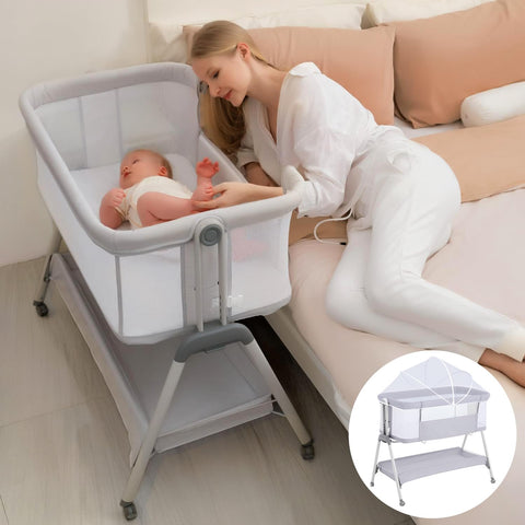 3 in 1 Baby Crib Next to Me Crib Bedside Sleeper Portable Travel Cot Bedside Crib Baby Bed with Breathable Net and Mattress,Adjustable Portable Bed for Infant,Baby Girl Boy (Grey)