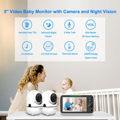 HelloBaby Baby Monitor with Camera and Night Vision, 5''Display with 30-Hour Battery, Pan-Tilt-Zoom Video Baby Monitor No WiFi, 2-Way Talk, Temperature, 8 Lullabies and 1000ft Range