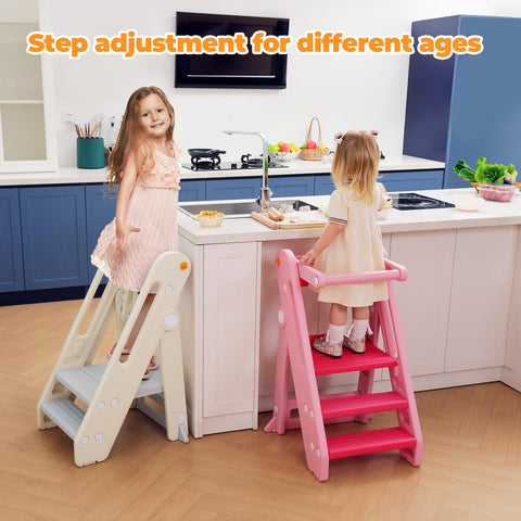 Onasti Toddler Learning Tower, Folding toddler kitchen step stool, standing tower for kitchen counter bathroom, Adjustable Height, Safety bar (Creamy-white)