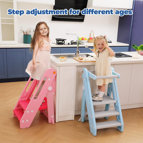 Onasti Toddler Learning Tower, Folding toddler kitchen step stool, standing tower for kitchen counter bathroom, Adjustable Height, Safety bar (Creamy-white)