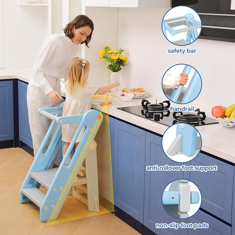 Onasti Toddler Learning Tower, Folding toddler kitchen step stool, standing tower for kitchen counter bathroom, Adjustable Height, Safety bar (Creamy-white)