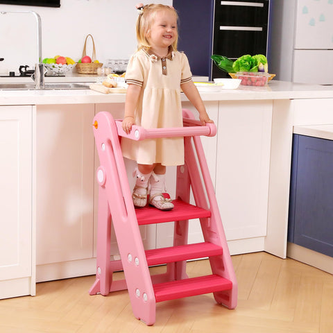 Onasti Toddler Learning Tower, Folding toddler kitchen step stool, standing tower for kitchen counter bathroom, Adjustable Height, Safety bar (Creamy-white)