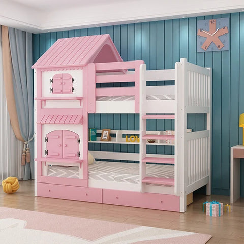 Double Wooden Kids Bunk Bed Pink Lift