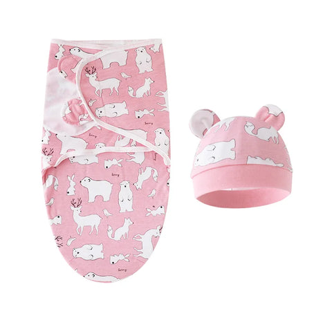 Themed Embrace Cotton Swaddle and Hat Set Pink bear set 50X70cm