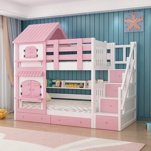 Double Wooden Kids Bunk Bed Pink Ladder Cabinet