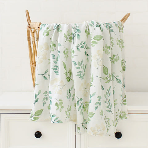 Organic Bamboo Cotton Patterned Baby Muslin/Blankets Green Leaves