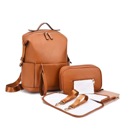 Multi-Functional Leather Diaper Bag Brown