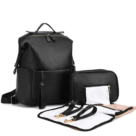 Multi-Functional Leather Diaper Bag Black