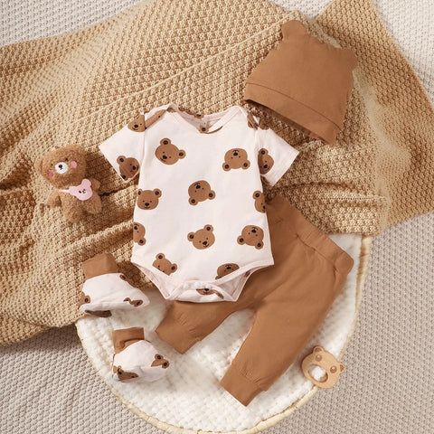 Bear Print Bodysuit With Pants Hat And Sock