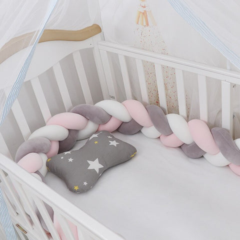 Baby Bed Bumper | Guess Braid Design | Cot Crib Protector Grey/White/Pink