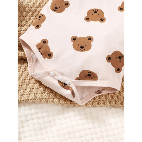 Bear Print Bodysuit With Pants Hat And Sock