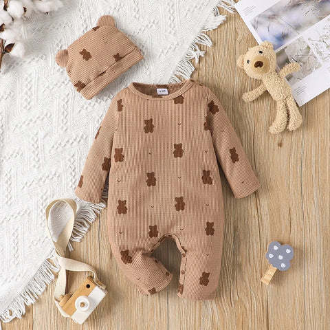 Unisex Bear Print Jumpsuit & Hat Brown