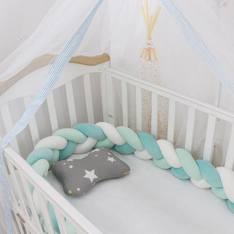 Baby Bed Bumper | Guess Braid Design | Cot Crib Protector Blue/White/Mint