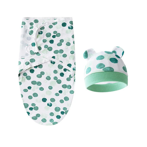 Themed Embrace Cotton Swaddle and Hat Set Green dot set 50X70cm