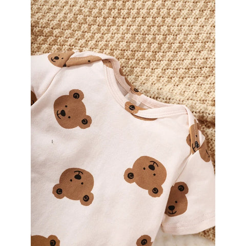 Bear Print Bodysuit With Pants Hat And Sock