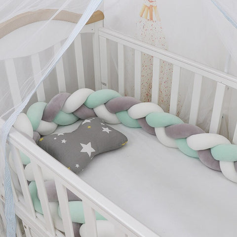 Baby Bed Bumper | Guess Braid Design | Cot Crib Protector Grey/White/Mint