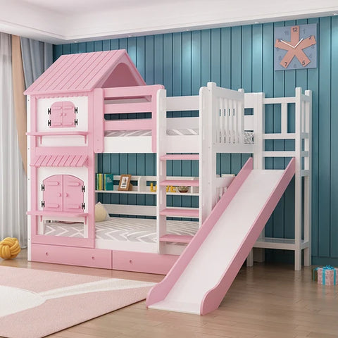 Double Wooden Kids Bunk Bed Pink with Slide