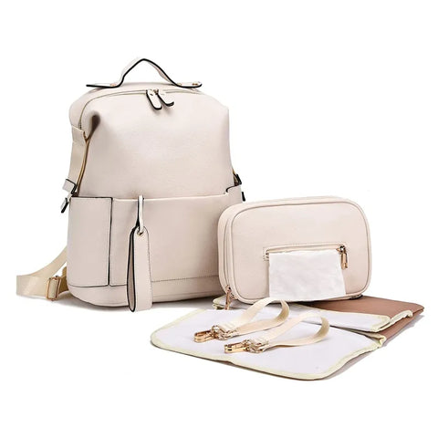 Multi-Functional Leather Diaper Bag Beige