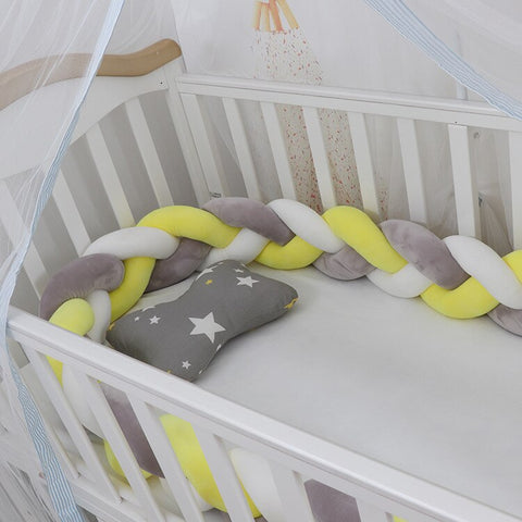 Baby Bed Bumper | Guess Braid Design | Cot Crib Protector Grey/White/Yellow